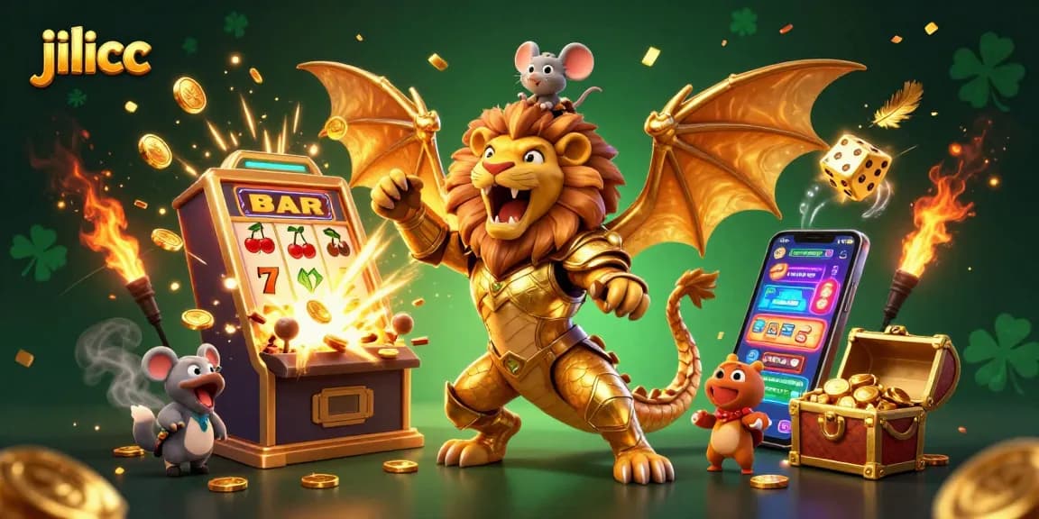 Engage in exciting gameplay at jilicc with vibrant slot elements and a whimsical chimera mascot guiding players.