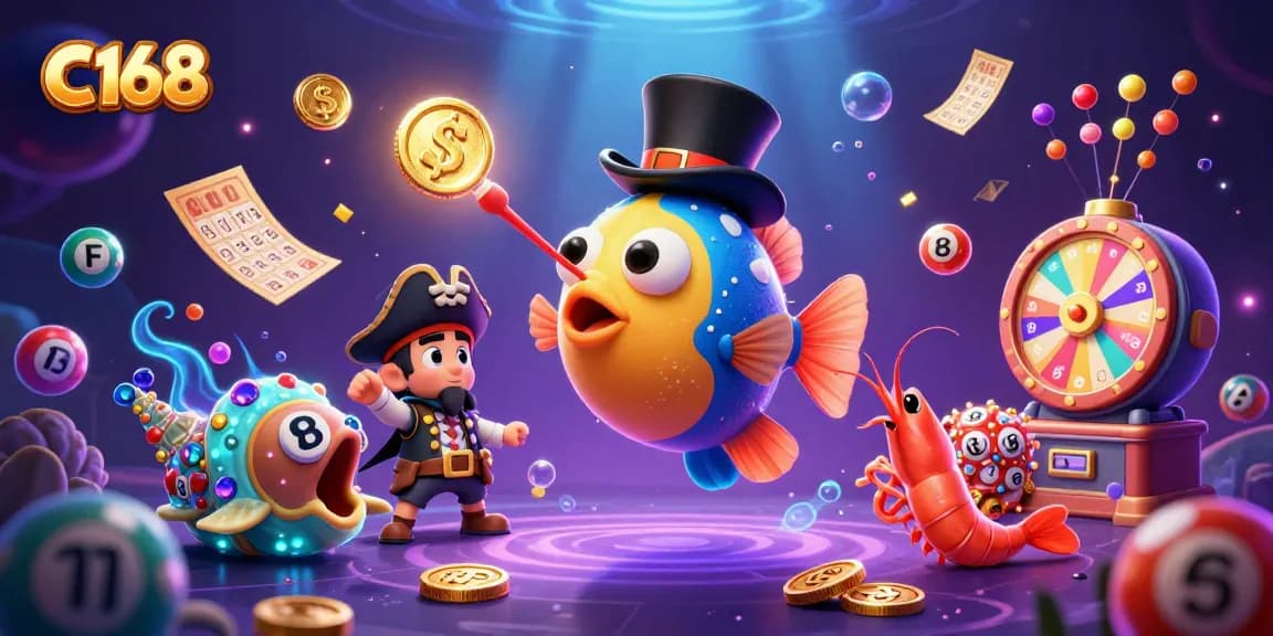 Join C168's thrilling adventure with a vibrant 3D illustration of an anglerfish leading a treasure quest filled with lottery balls.