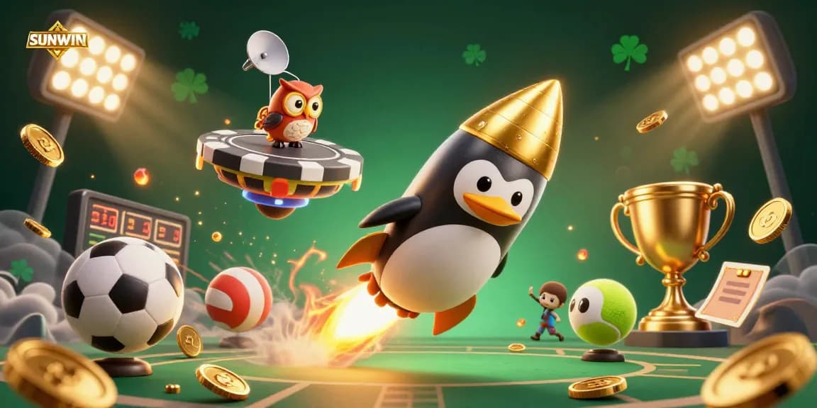 SUNWIN entertains as a golden penguin blasts through space toward a poker chip casino, surrounded by vibrant gambling elements.