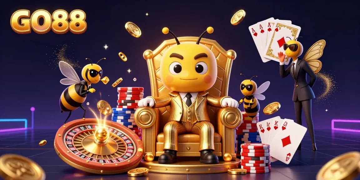 GO88 captivates players with a vibrant 3D casino scene featuring the bumblebee mob boss amidst cascading coins and poker chips.