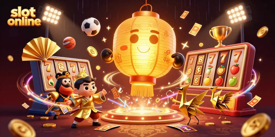 Permainan slot online yang memukau dengan simbol keberuntungan dan lampion emas yang menyala, memberikan pengalaman mendebarkan.