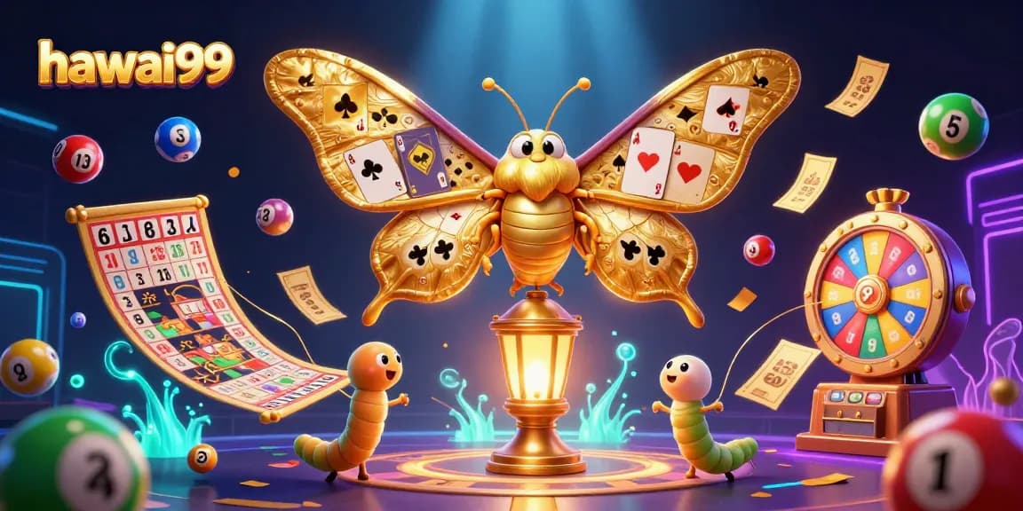 Experience the thrill of hawai99 as vibrant lottery elements and golden motifs embellish the scene.