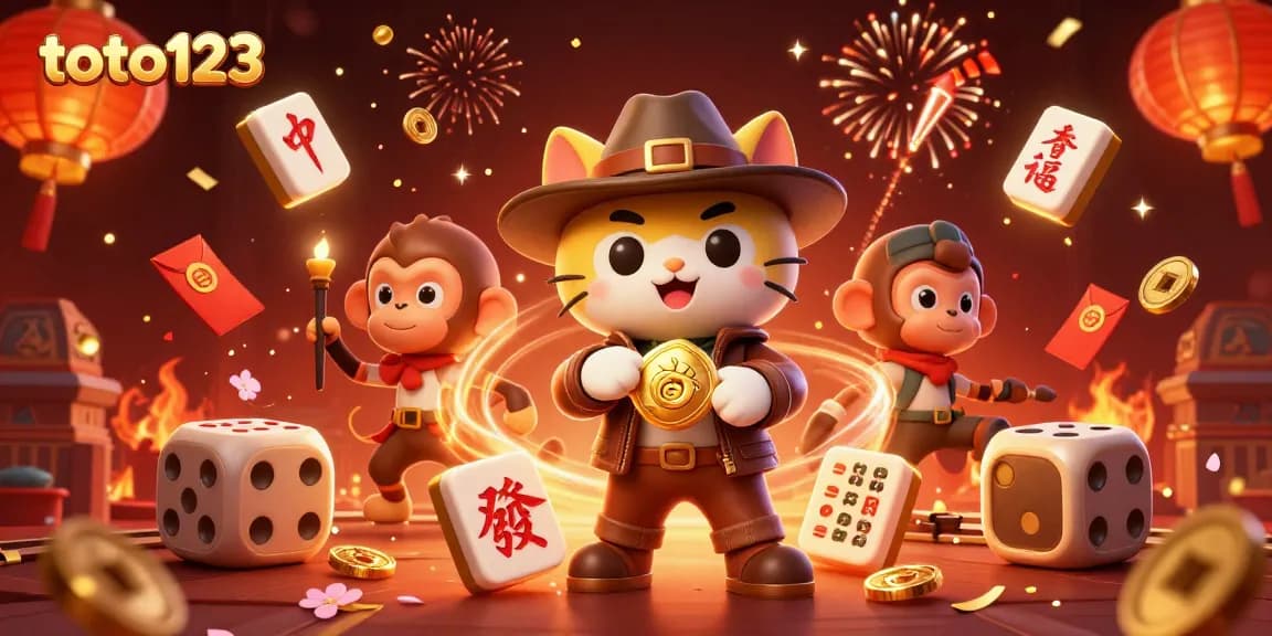 Toto123 engages players with a vibrant 3D lottery adventure featuring an archaeologist cat and monkey.