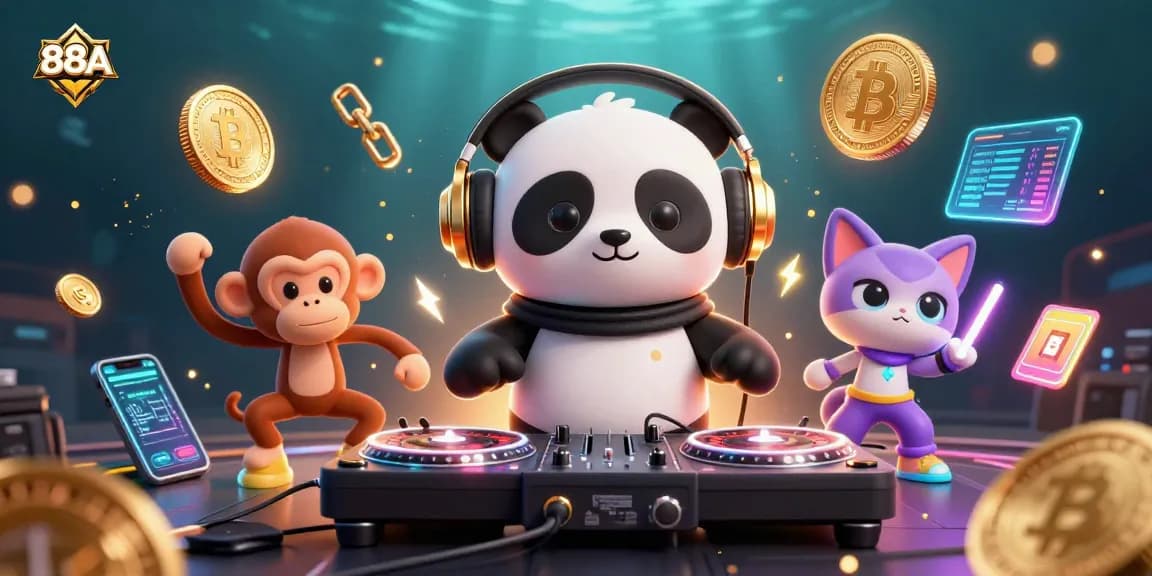 Join the fun at 88AA with a DJ panda and friends spinning and dancing in a vibrant casino-themed scene.