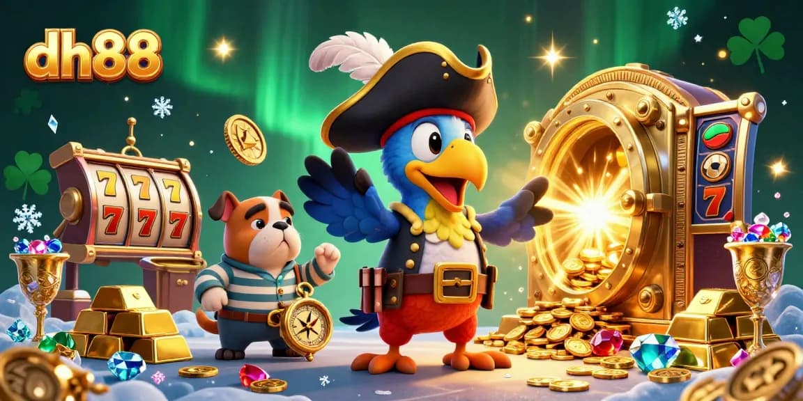 Win big with dh88 at a vibrant casino scene featuring a pirate parrot and treasures.