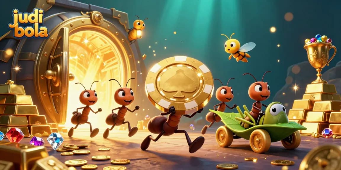 Watch judi bola enthusiasts strategize with golden treasures and vibrant casino elements in this dynamic illustration.