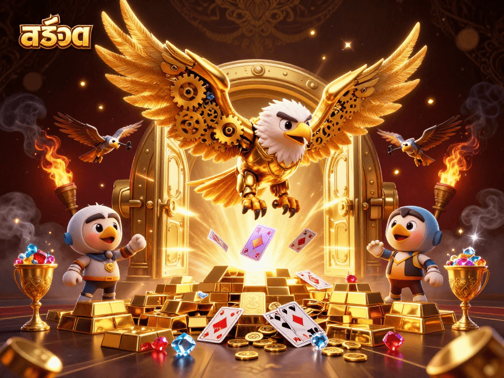 Experience thrilling สล็อต gameplay as the golden eagle dives through holographic cards amidst treasures in 3D casino illustration.