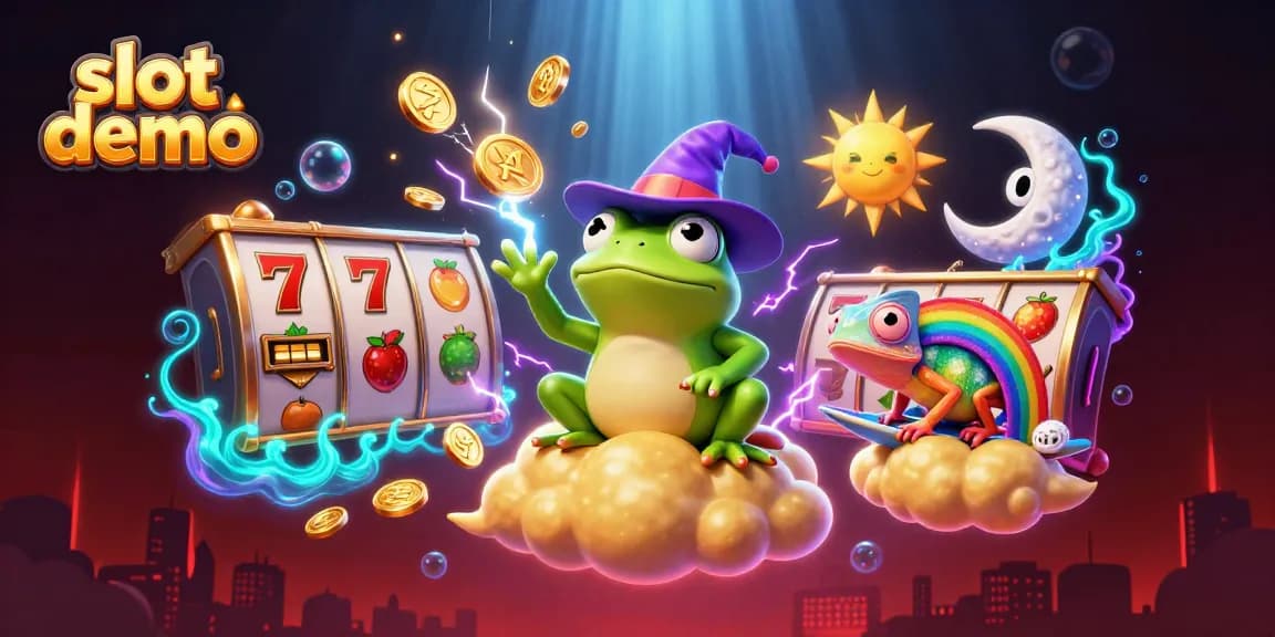 Engage in slot demo excitement with a 3D golden coin storm created by a wizard frog.