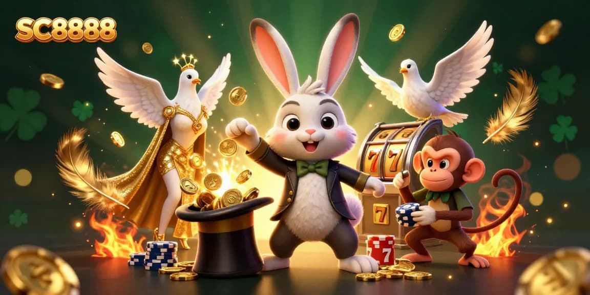 Experience SC8888 with a magician rabbit, dove, and monkey surrounded by thrilling casino elements.