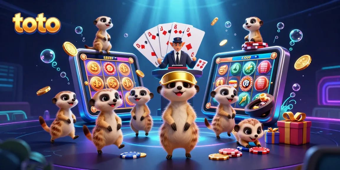Experience thrilling gameplay with toto as meerkats interact in a vibrant casino scene.
