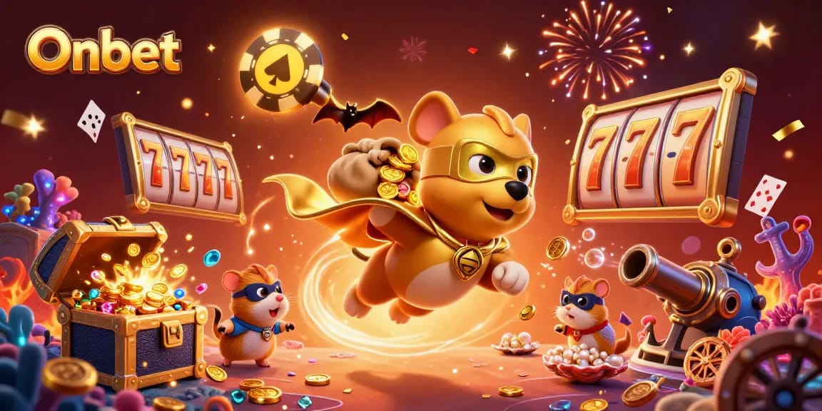 Onbet offers thrilling gaming adventures with a 3D poker-themed superhero scene bursting with excitement.