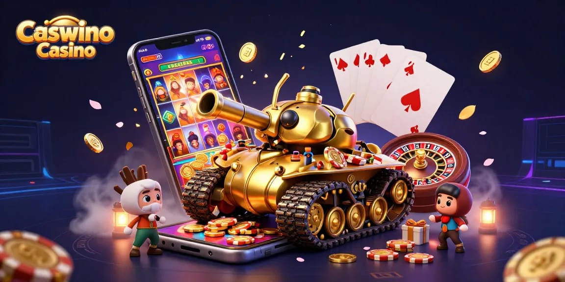 Experience the thrill of Caswino Casino with a dynamic 3D illustration showcasing vibrant gaming elements.