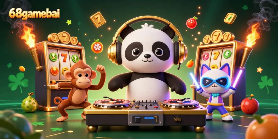 Engage with 68gamebai as DJ panda spins roulette turntables in this vibrant casino scene.