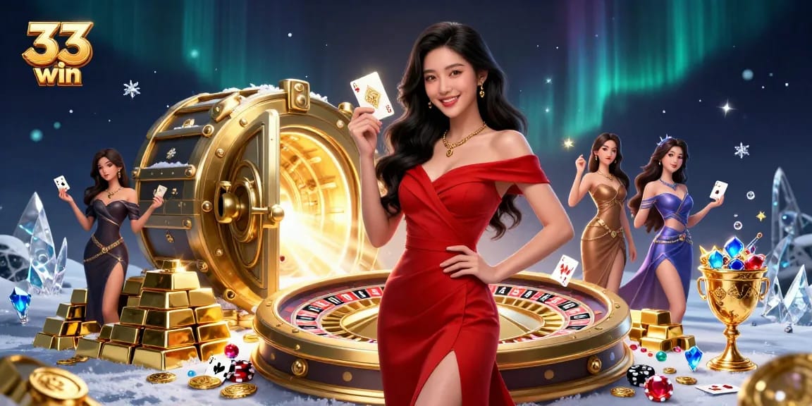 Experience thrilling gaming action with 33 win, featuring a confident woman and golden roulette elements.