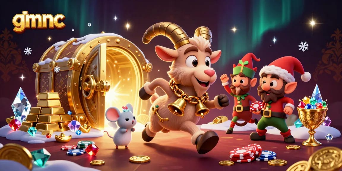 Spotted the GMNC goat amidst a chaotic casino scene, capturing festive holiday mischief.