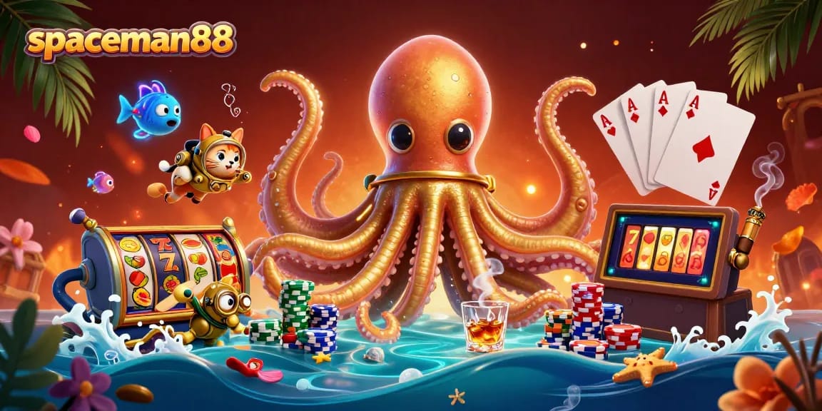 spaceman88 reveals thrilling slot action with a kraken, diving cat, and vibrant gambling elements