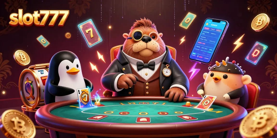 Experience thrilling slot777 games with a jolly walrus and friends, immersed in vibrant casino excitement.