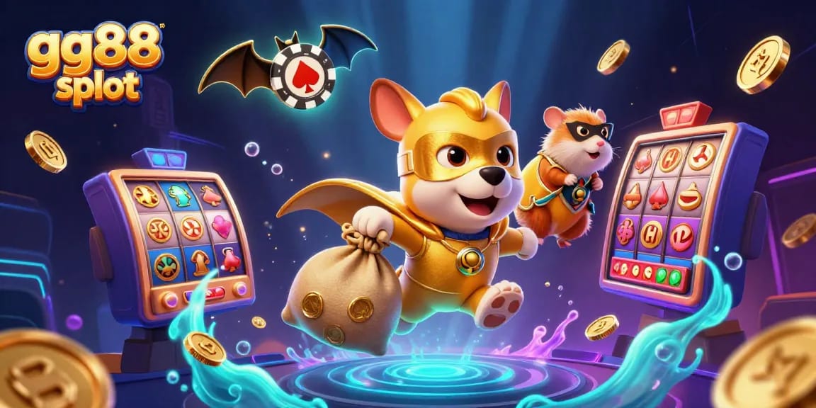 Join the fun at gg88 slot with 3D characters and dynamic casino elements in a colorful illustration.