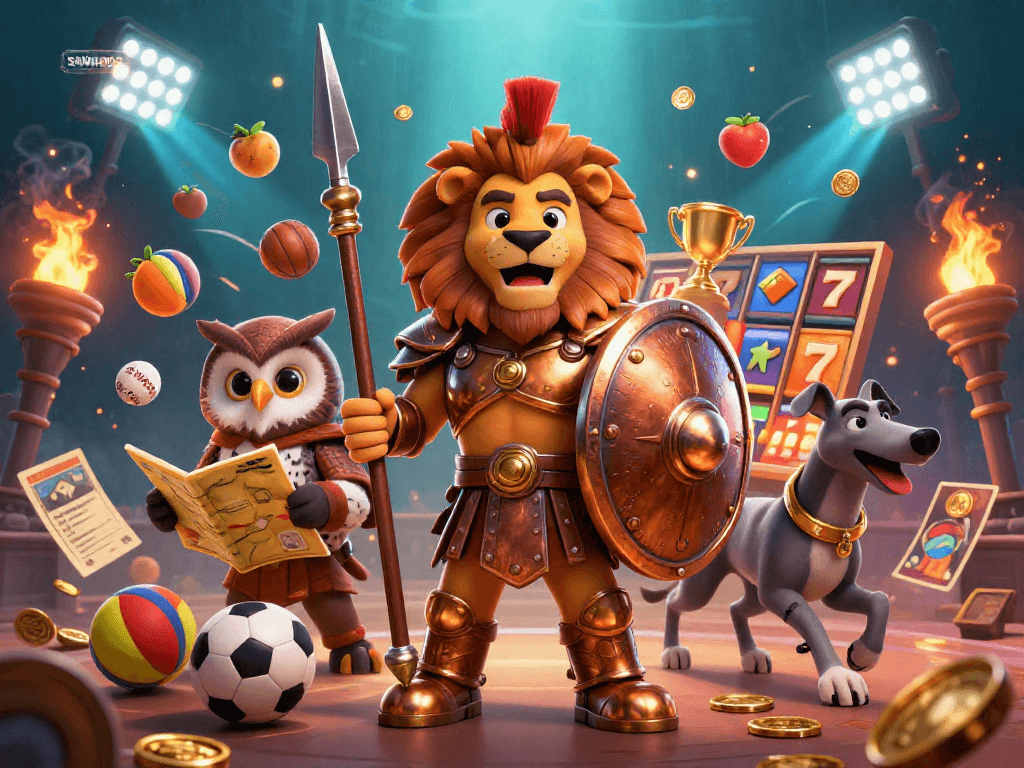 SAWA888 players win with exciting slot reels and dynamic characters in a vibrant casino scene.