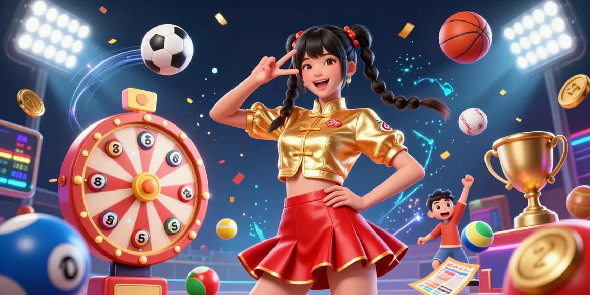 S666 promotional illustration showcasing dynamic gambling elements, featuring a vibrant Asian woman surrounded by colorful sports and lottery items.