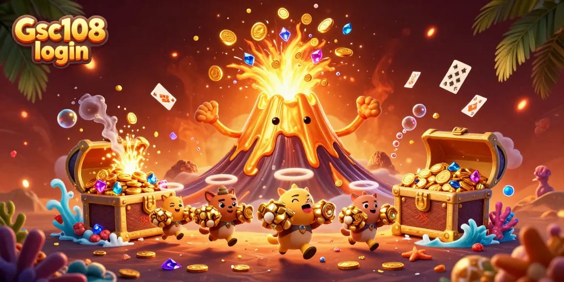 Experience the thrill of Gsc108 login as a golden volcano erupts treasure amidst a vibrant casino scene.