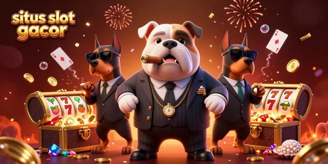 Engage with situs slot gacor while enjoying a lively scene of a mafia boss bulldog and Doberman bodyguards amidst explosive treasures.