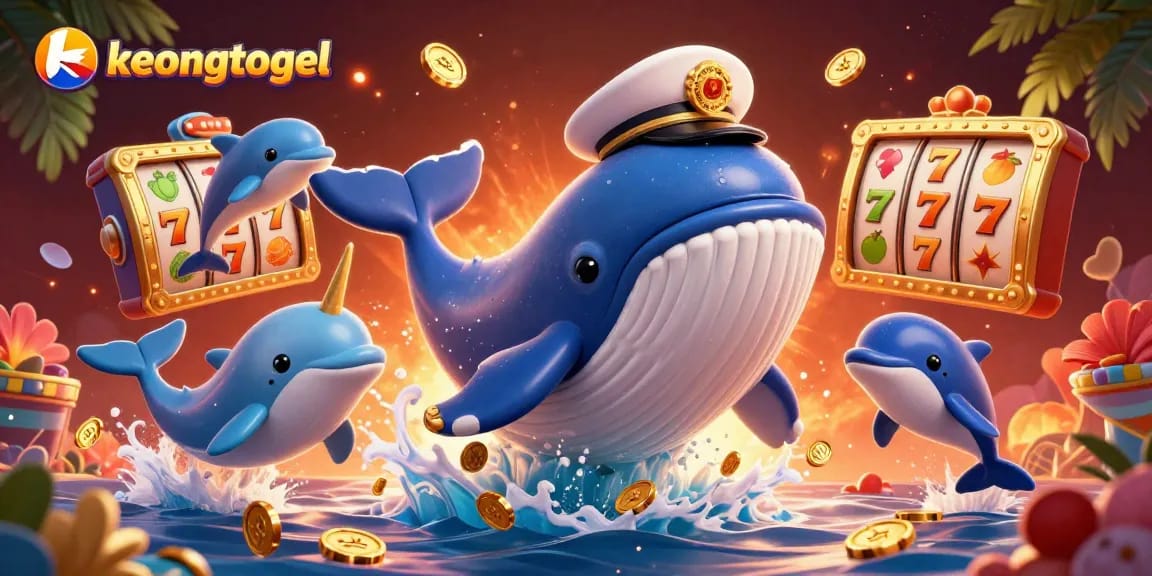 Spin and win at keongtogel with exciting slot reels and a whale in a sea of coins.