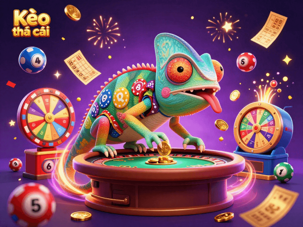 Kèo nhà cái delivers an exciting casino experience featuring a vibrant chameleon owner surrounded by dynamic lottery elements.