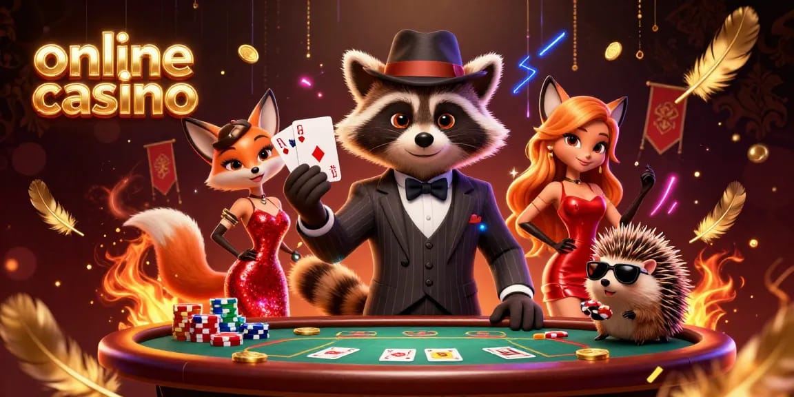 Engage in thrilling poker action at an online casino with animated characters and vibrant atmosphere.