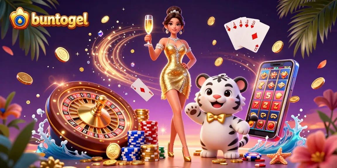Bowl the jackpot with buntogel, featuring a glamorous woman celebrating with a lucky tiger cub amidst flying poker chips and coins.