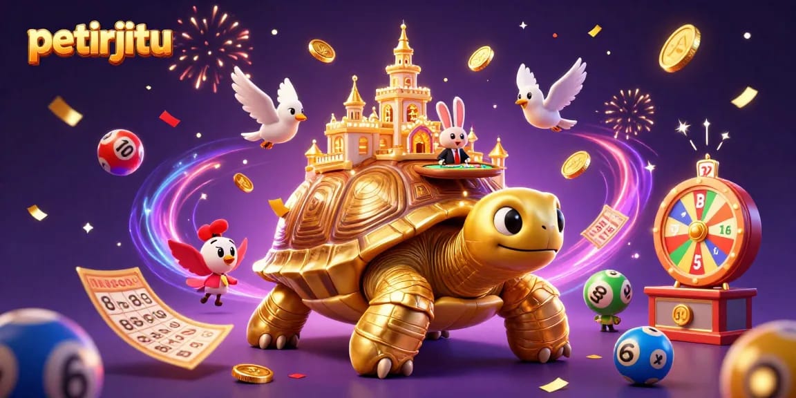 Petirjitu menyajikan penggambaran kasino 3D meriah dengan kura-kura emas dan dealer kelinci.