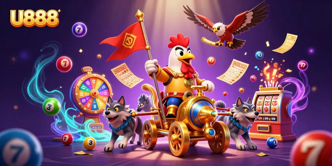 Experience thrilling gaming with U888, featuring a rooster warlord in action alongside vibrant slot machines.