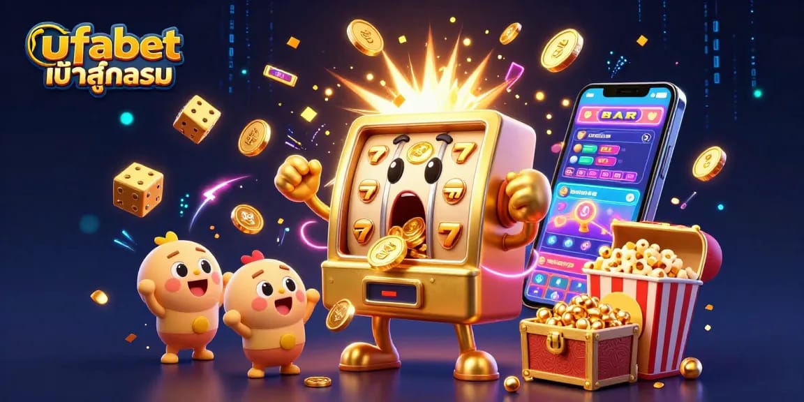 Engaging ufabet เข้าสู่ระบบ illustration with a golden slot machine hitting a jackpot surrounded by cheering slot buddies.