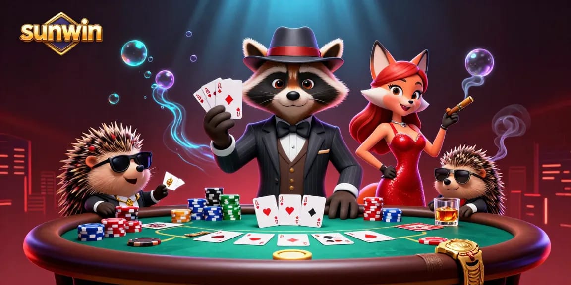sunwin poker scene featuring a suave raccoon, charming fox lady, and hedgehog bouncer in action
