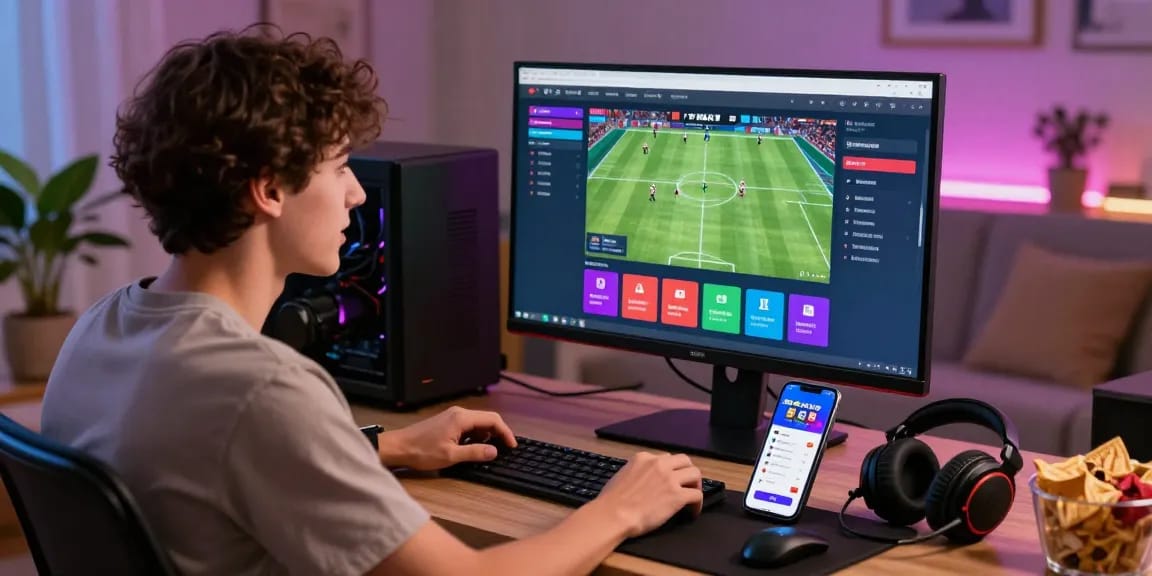 Engaged user exploring the vibrant lotus365 online betting platform in a modern living room.