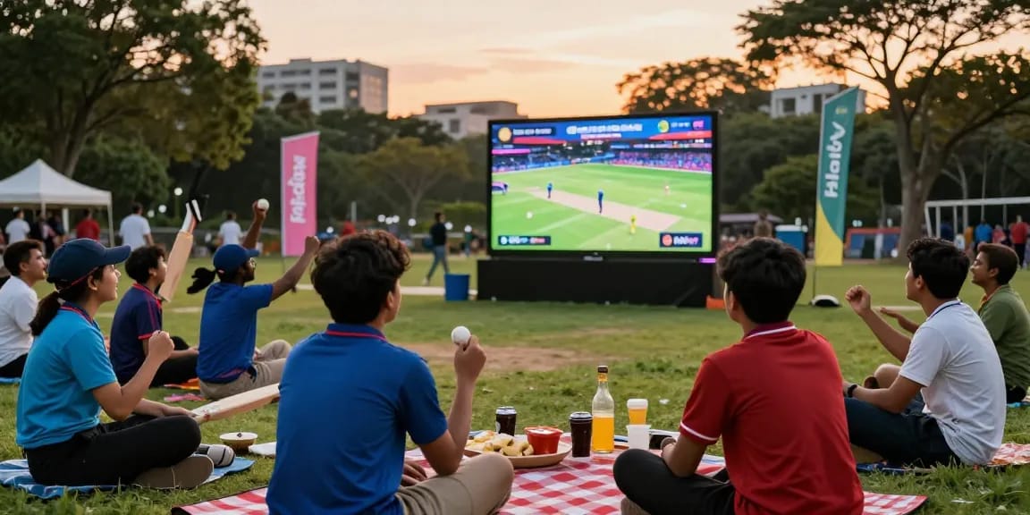 Exciting community cricket gathering enjoying the FairPlay app for live match streaming.