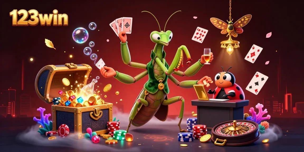 Join the excitement at 123win with vibrant casino elements and lively characters in a dynamic scene.