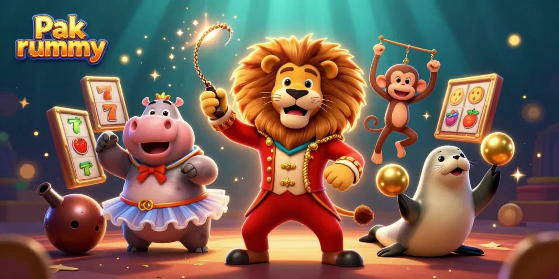 Engage with Pak rummy through a vibrant scene of cartoon characters playing slots and celebrating.