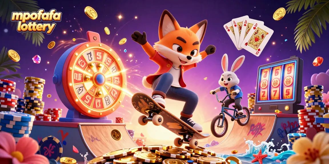 Experience excitement with mpofafa lottery as a skateboarding fox performs tricks amidst sparkling casino elements.