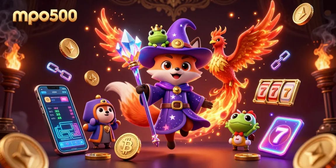 Experience the excitement of mpo500 with a mystical wizard fox, phoenix, and vibrant casino symbols.