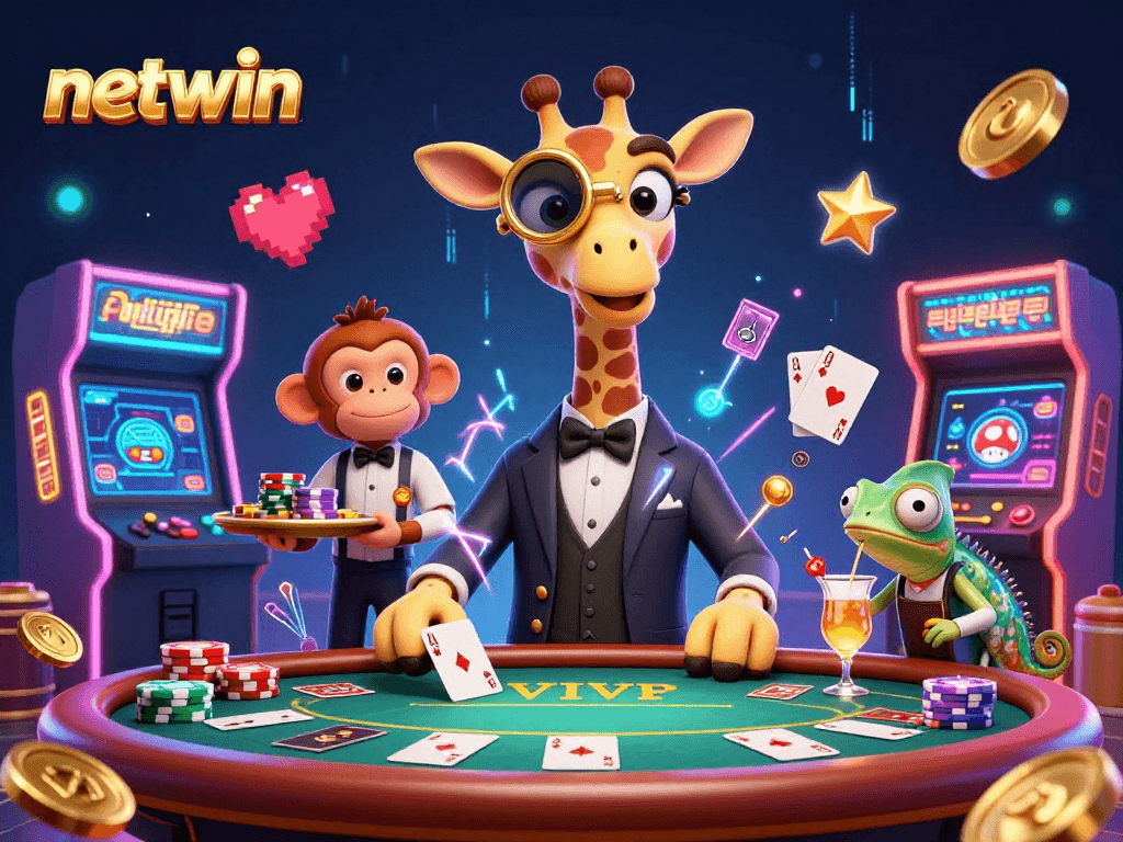 Experience the excitement of netwin with high-roller giraffe and lively casino characters.