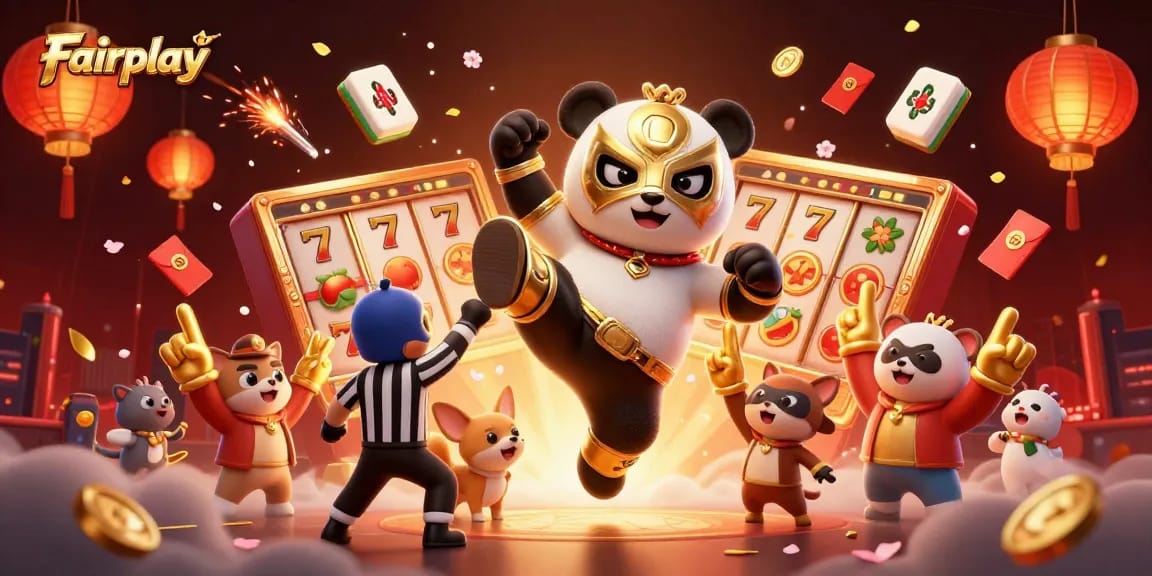 Fairplay illustration showcasing a panda wrestler kicking amidst slot reels, festive elements, and vibrant visuals.