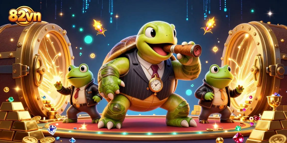 Experience thrilling gambling with 82vn as a cartoon turtle and bullfrogs enhance the excitement.