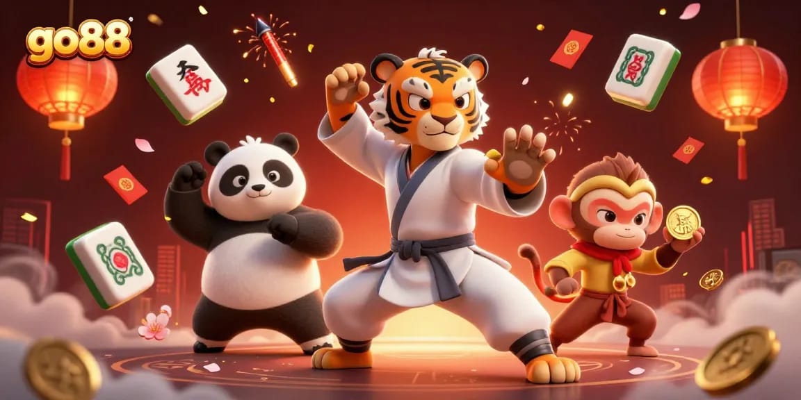 Engage in thrilling gaming action at go88 with dynamic characters set in a festive casino backdrop.