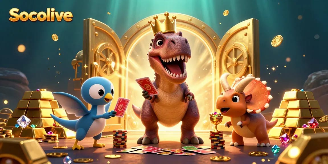 Socolive's lively 3D T-Rex shuffling cards with a pterodactyl assistant, set in a vibrant casino scene.