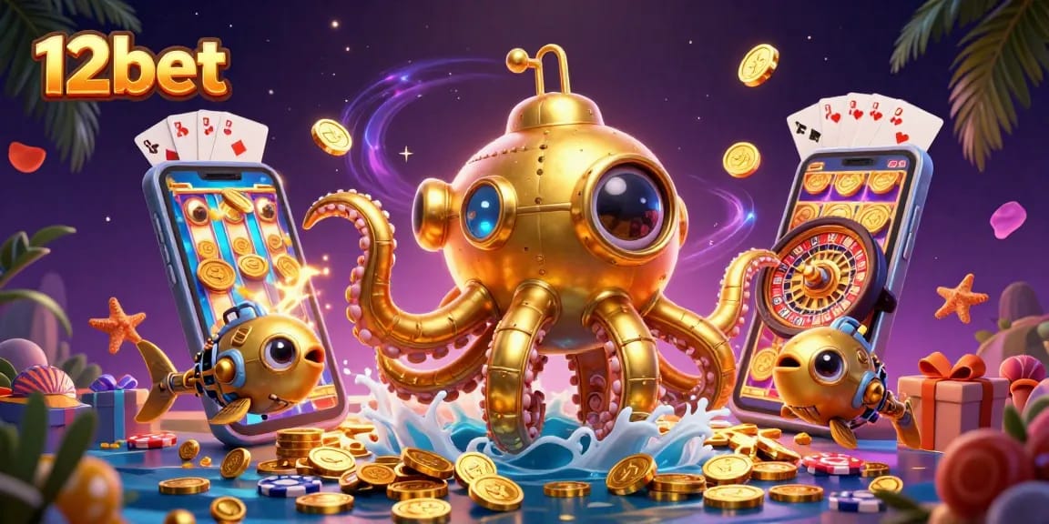 Trải nghiệm cá cược 12bet với một kraken vàng giữa những đồng xu và trò chơi slot nổi bật.