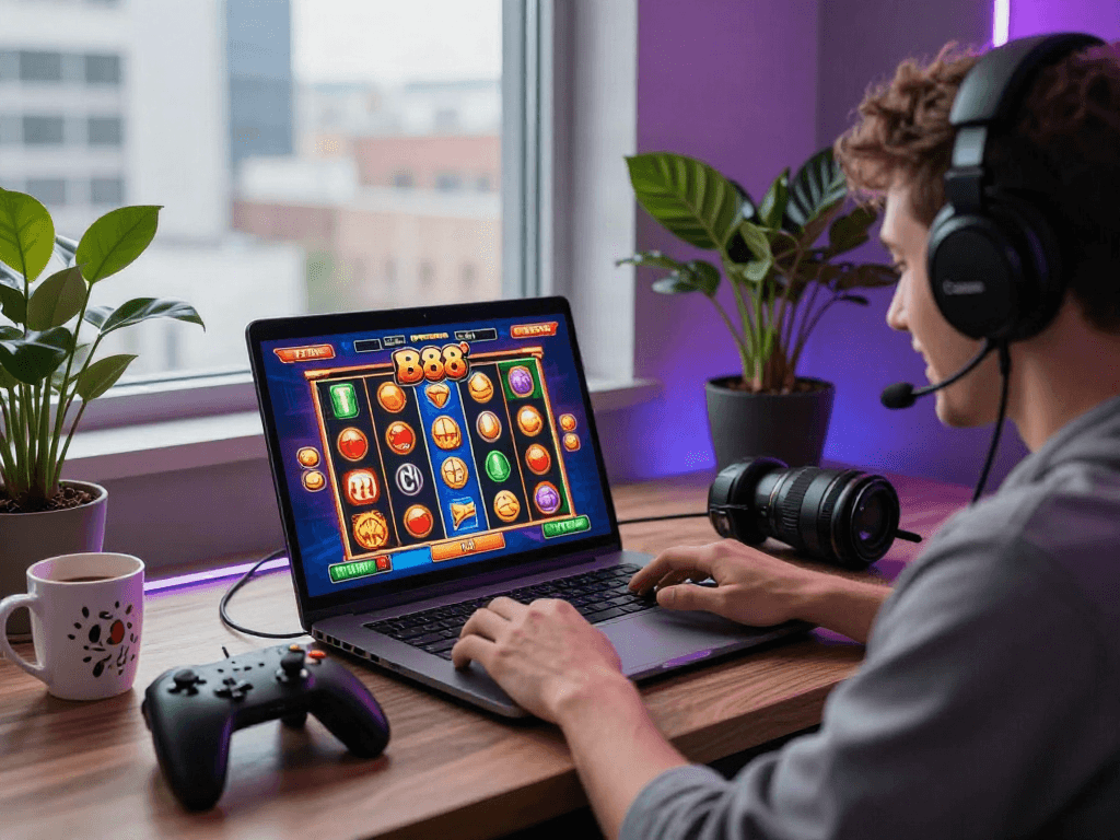Excited player enjoying slot88 on a laptop in a cozy gaming space with vibrant graphics.