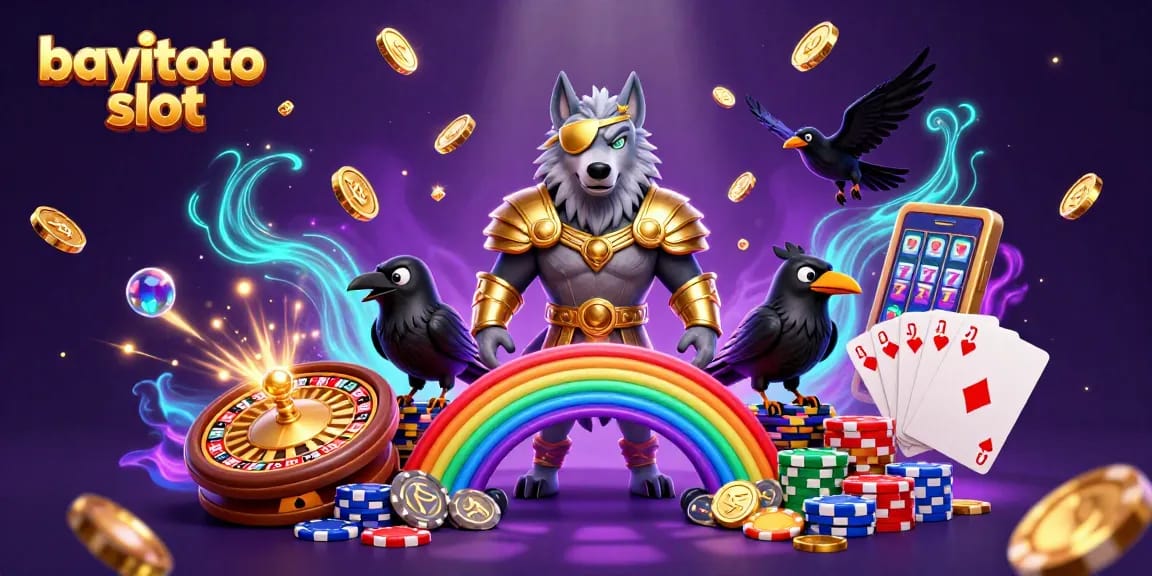 BAYITOTO slot showcases a vibrant scene of Odin with two ravens amidst casino elements, illustrating thrilling gaming action.
