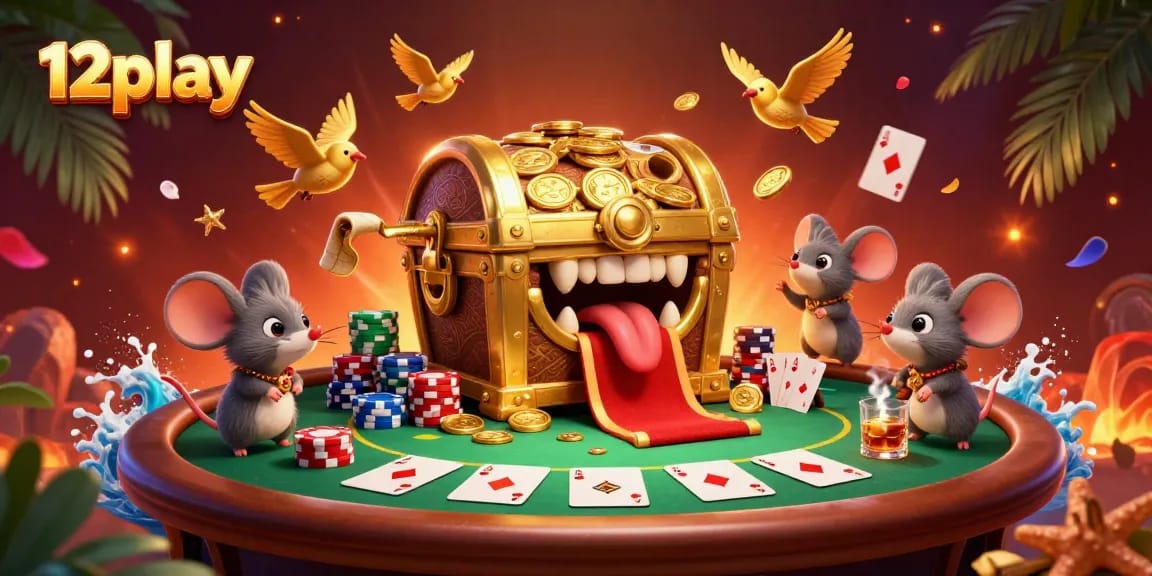 Engage in thrilling gameplay at 12play Casino with vibrant poker, treasure-inspired characters, and casino excitement.