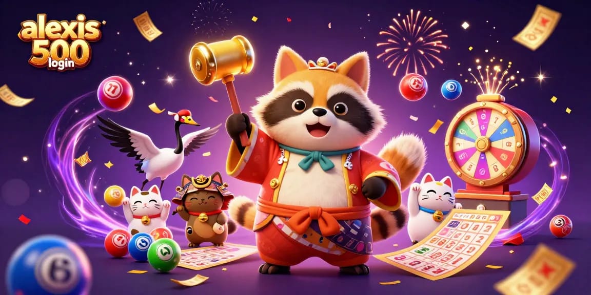 Experience alexis 500 login with a vibrant illustration featuring a lucky tanuki and fortune cats.